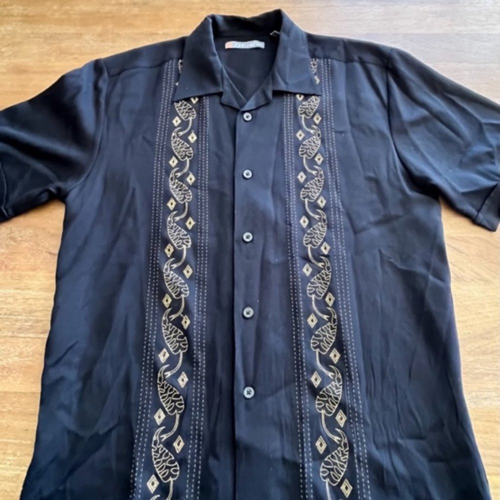John Henry Mens Small Black Rayon Button Up Embroidered‎ Hawaiian S/S Shirt